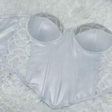 WO Cropped Lace Corset Shiny Satin With Satin Strapless /With Cup Sexy Sheer Lace Sides - 白色 - 查看 2