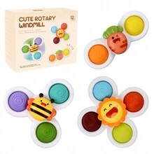 3 pièces/set Jouet toupie avec ventouse bébé au design de dessin animé, fileur de doigt en ABS, anneau de dentition durable pour l'éducation précoce, le développement cognitif et l'exercice des doigts. Convient pour une utilisation quotidienne dans la salle de bain