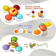 3 pièces/set Jouet toupie avec ventouse bébé au design de dessin animé, fileur de doigt en ABS, anneau de dentition durable pour l'éducation précoce, le développement cognitif et l'exercice des doigts. Convient pour une utilisation quotidienne dans la salle de bain