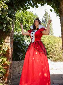 I LOVE FANCY DRESS 2pcs Ladies Queen Of Hearts Costume Floor Length Red Dress With Heart Design And Crown Women's World Book Day Alice In Wonderland Character Fancy Dress Costume For Teachers Halloween - Red - View 3