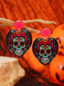 1 par de pendientes colgantes de calavera y corazón exagerados, divertidos y creativos para Halloween - Multicolor - Ver 15