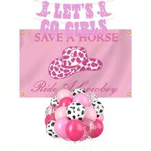 32pcs Cowgirl Party Backdrop Decorations Include 1 Piece Pink "Save A Horse Ride A Cowboy" Flag, Pull Flag, 12 Inch Pink Cow Print Balloon Set Pink Confetti Pink Helium Latex Balloons For Cowgirl Birthday Party - Multicolor - View 2