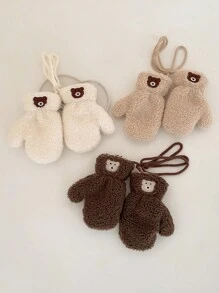 1 st. Kinderhandschoenen Winter Warm Pluche Hang Nek Handschoenen Jongens Meisjes Cartoon Beer Baby Winddichte Volledige Vinger Handschoenen Voor Buitenspelen, Geschikt Voor 2-5 Jaar Oud