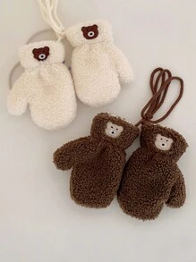 1 st. Kinderhandschoenen Winter Warm Pluche Hang Nek Handschoenen Jongens Meisjes Cartoon Beer Baby Winddichte Volledige Vinger Handschoenen Voor Buitenspelen, Geschikt Voor 2-5 Jaar Oud