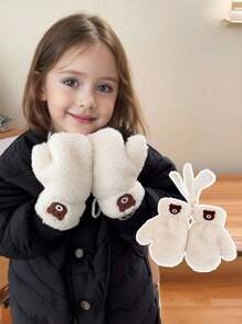 1 st. Kinderhandschoenen Winter Warm Pluche Hang Nek Handschoenen Jongens Meisjes Cartoon Beer Baby Winddichte Volledige Vinger Handschoenen Voor Buitenspelen, Geschikt Voor 2-5 Jaar Oud