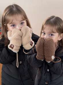 1 st. Kinderhandschoenen Winter Warm Pluche Hang Nek Handschoenen Jongens Meisjes Cartoon Beer Baby Winddichte Volledige Vinger Handschoenen Voor Buitenspelen, Geschikt Voor 2-5 Jaar Oud