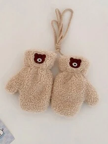 1 st. Kinderhandschoenen Winter Warm Pluche Hang Nek Handschoenen Jongens Meisjes Cartoon Beer Baby Winddichte Volledige Vinger Handschoenen Voor Buitenspelen, Geschikt Voor 2-5 Jaar Oud