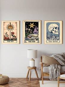 3 件现代艺术海报套装 - 太阳、月亮、星星、波西米亚风格帆布墙艺术印刷品，适用于卧室、客厅、餐厅、办公室、浴室、走廊、咖啡厅、宿舍、墙壁装饰、家居装饰，无框 - 彩色 - 查看 3