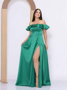 Off-The-Shoulder Party Dress With Ruffle And Slit - màu xanh lá - Xem 3