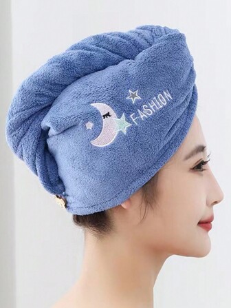 1/2pcs Blue Hair Drying Caps, Cartoon Embroidered Moon Pattern, Soft Absorbent Quick Dry Hair Towel For Women, Suitable For Bathroom, Living Room, Makeup Removal/Bathing, Applicable All Seasons Home Bathroom Decor Fall Decor Back To School Hair Bonnet Shower Towels For Beaty Salon, Hotel Sports,Home Essentials, Towel, Skin Care Hair Drying Towel Wrap