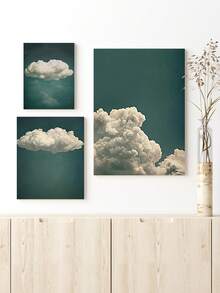 3 件/1 件带框帆布墙艺术海报，描绘了柔软飘逸的云彩漂浮在深绿色的天空上，带有微妙的灯光效果，非常适合客厅、卧室、办公室、酒吧墙壁装饰，可直接悬挂 - 彩色 - 查看 4