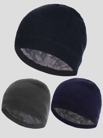 1 pieza Gorro de punto liso para hombre, suave, cálido, de doble capa, de moda, casual, grueso para invierno, para deportes al aire libre, montar, viajar, accesorio para la cabeza, gorro de lana, adecuado para usar a diario en otoño