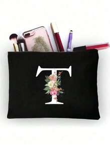 1pc Initials Printed Women's Makeup Bag, Black Small Bag, White Letters A-Z, Cosmetic Bag, Portable Wash Bag, Teacher's Day Gift, Reusable Makeup Bag, Women's Simple And Large Capacity Travel Makeup Bag Suitable For Men And Women, Couples, Daily Use, Birthdays, Holidays, Back To School, Vacation, Beach, Travel, Students, Daily Storage, Personalized Gift Bag, Suitable For Weddings, Mother And Grandmother's Birthday Gifts, Ladies, Friends, Bridesmaids, Travel Essentials Makeup Organizer - Black - View 23