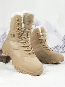 Zimowe buty śniegowe, buty męskie ze skóry PU w dużych rozmiarach, buty męskie, buty trekkingowe antypoślizgowe, wygodne buty męskie na grubej podeszwie, nowe, odporne na zużycie buty męskie, sportowe buty męskie na wiosnę i jesień, wiatroodporne, grube i ciepłe buty trekkingowe (wzór asymetryczny) - Kolor piaskowy - Zobacz 4