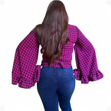 Emporio DKMC Women's Plaid Cropped Top With Shiny Tie Long Sleeve - 玫紅色 - 查看 2