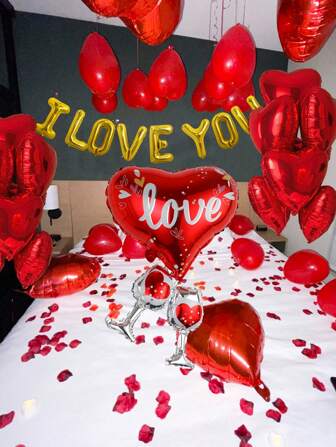 34pcs/Set Valentine's Day I Love You Balloons Set, 16" Gold I LOVE YOU & Cheers For Love Foil Balloons And Red Latex Balloons, 500pcs Red Rose Petals Romantic Decoration For Valentine, Anniversary, Wedding, Engagement, Birthday Party