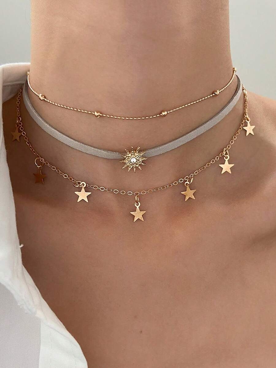 3pcs/Set Personalized Fashionable Multi-Layered Velveteen Sun & Pentagram Pendant Necklace Set Including 3-Layered Rhinestone Choker Necklace - Yellow Gold - View 1