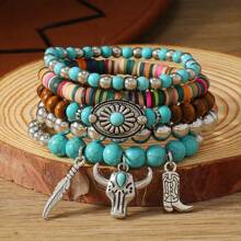 5pcs/Set Boho Style Wood Bead, Turquoise Leaf, Daisy, Bull Head & Bull Head Decor Bracelet For Women - Blue - View 9