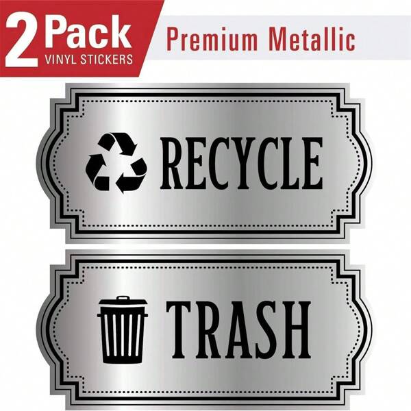 2PCS Recycle And Trash Bin Decal Stickers - Premium PE Material, Brushed Silver Vinyl - Easy To Apply, Waterproof & UV Resistant - Indoor Waste Management Solution For Kitchen & Office