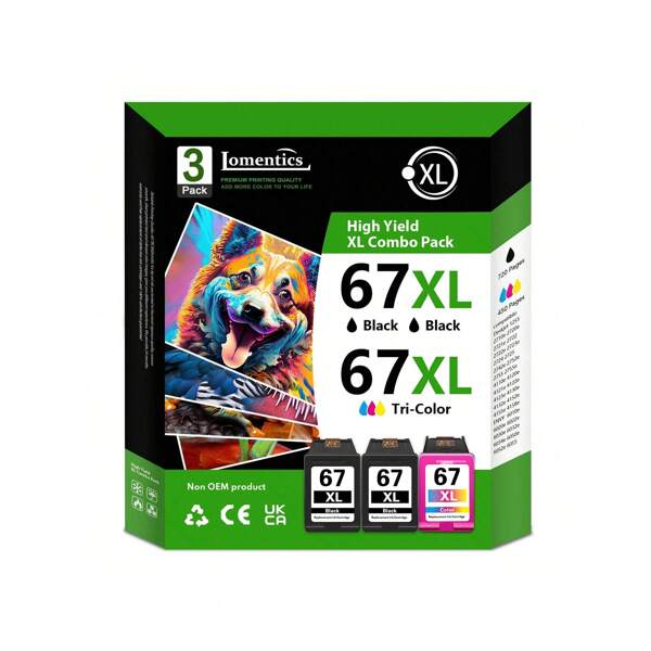 67XL High Yield Ink Cartridge 3-Pack (2Black/1Tricolor) - LOMENTI Replacement For  67 INK 67XL Remanufactured Ink Cartridge For Deskjet 4255e 2755e 2700 2752 ENVY Pro 6400 6455 Printer