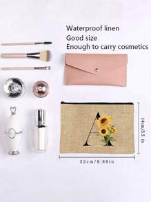 1pc Initials Printed Women's Makeup Bag, Khaki Small Bag, Sunflower Flower Print, Letters A-Z, Cosmetic Bag, Portable Wash Bag, Teacher's Day Gift, Reusable Makeup Bag, Women's Simple And Large Capacity Makeup Bag, Suitable For Weddings, Mother And Grandmother's Birthday Gifts, Ladies, Friends, Bridesmaids, Essentials Make Up Bag Holiday Essentials Makeup Bags Makeup Pouch 2024 Makeup Organizer Make Up Organizer Makeup Storage - Khaki - View 5