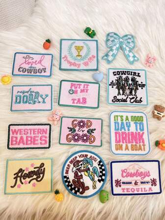 12 Styles (2pcs/Set) Premium Blue Sunny Series Trophy Iron-On Patches, Clothes Ironing/Sewing Applique Suitable For Trucker Cap, Backpack, Pants, Shirts, Dresses, Canvas Shoes DIY Decor & Accessory Patches, Variety Of Fun Letter Stickers