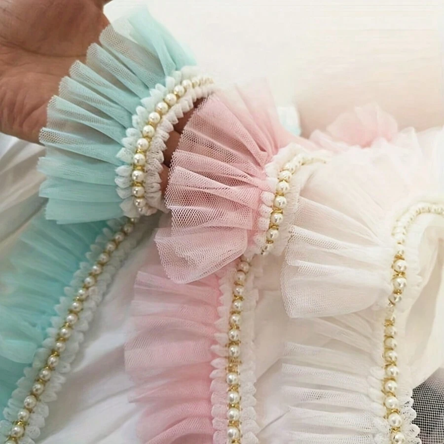 1yard Ruffled Faux Pearl Decorated Satin Ribbon Collar - Multicolor - View 1