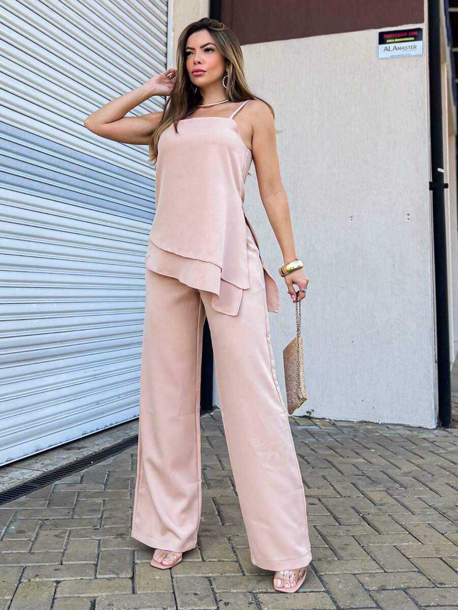 EMILI LULU RUN2 Women's Set Fernanda Asymmetrical Blouse And White Wide Leg Pants - 米色 - 查看 1