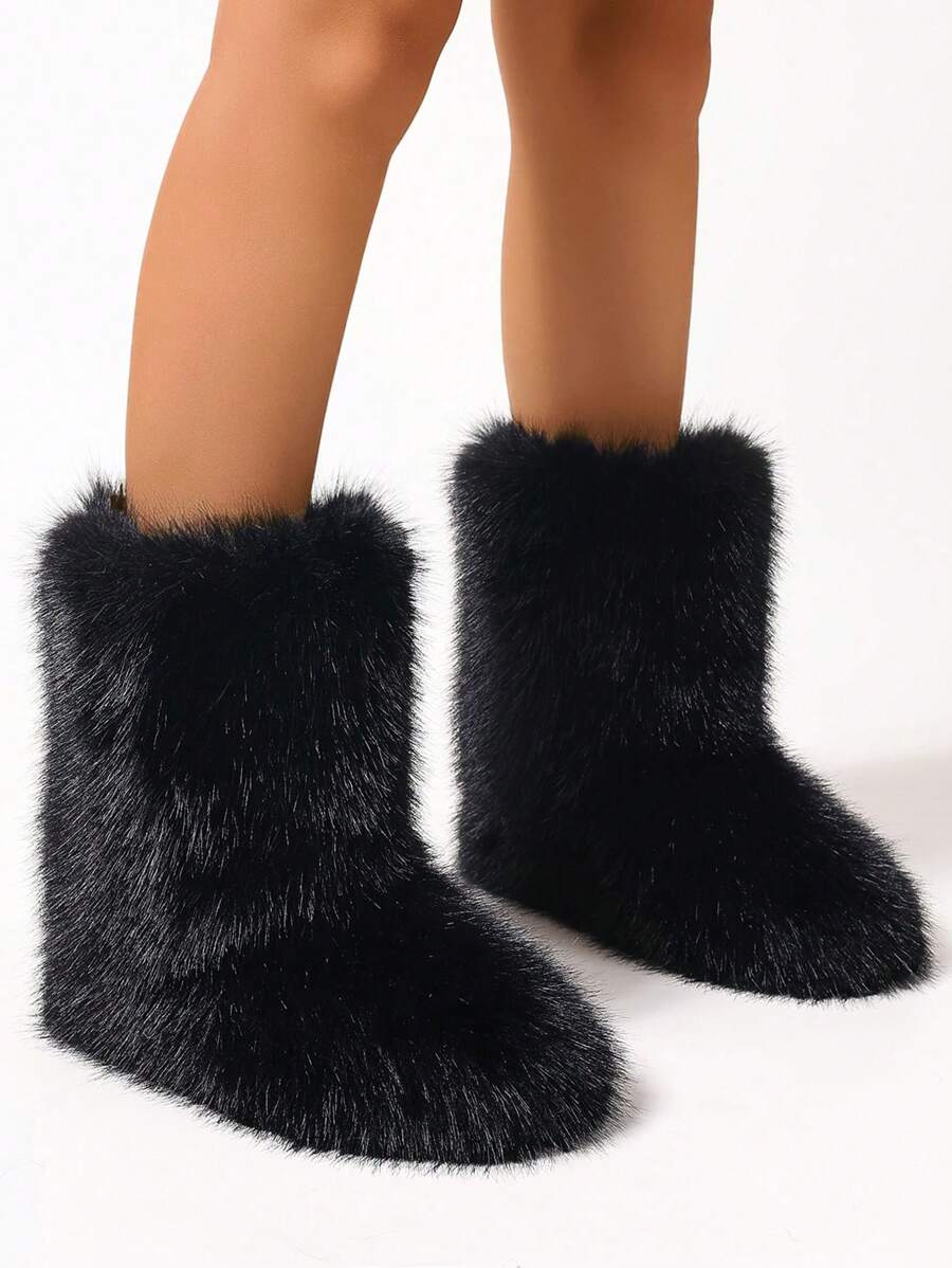 Women's Furry Faux Fur Boots Fuzzy Fluffy Mid Calf Snow Boots Suede Warm Fur Lined Booties Flat Fashion Boots - màu đen - Xem 1