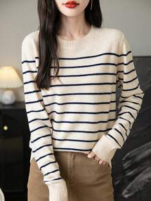 女士圆领毛衣 2024 秋冬保暖上衣 条纹针织套头衫 - 米色 - 查看 5