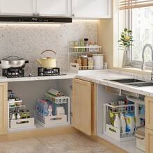 GROWSUN-Organizers And Storage 2 Tier Slide Out Kitchen Cabinet Organizer Sturdy Metal Bathroom Storage 2 Pack - White - View 4
