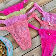 Kit 7 Colorful Lace Thongs Sexy Heart-Shaped Adjustment Panties - 彩色 - 查看 1