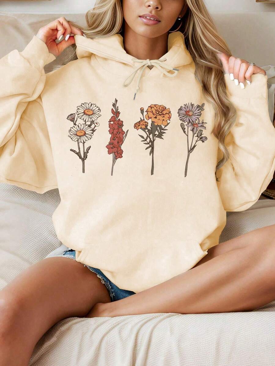 Women's Fashion Casual Creative Flower Print Hoodie - Apricot - View 1