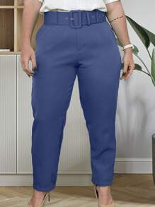 Plus Size Trousers Formal Cut Tailored With Belt Elegant Casual Women's Fashion - 藏蓝色 - 查看 2