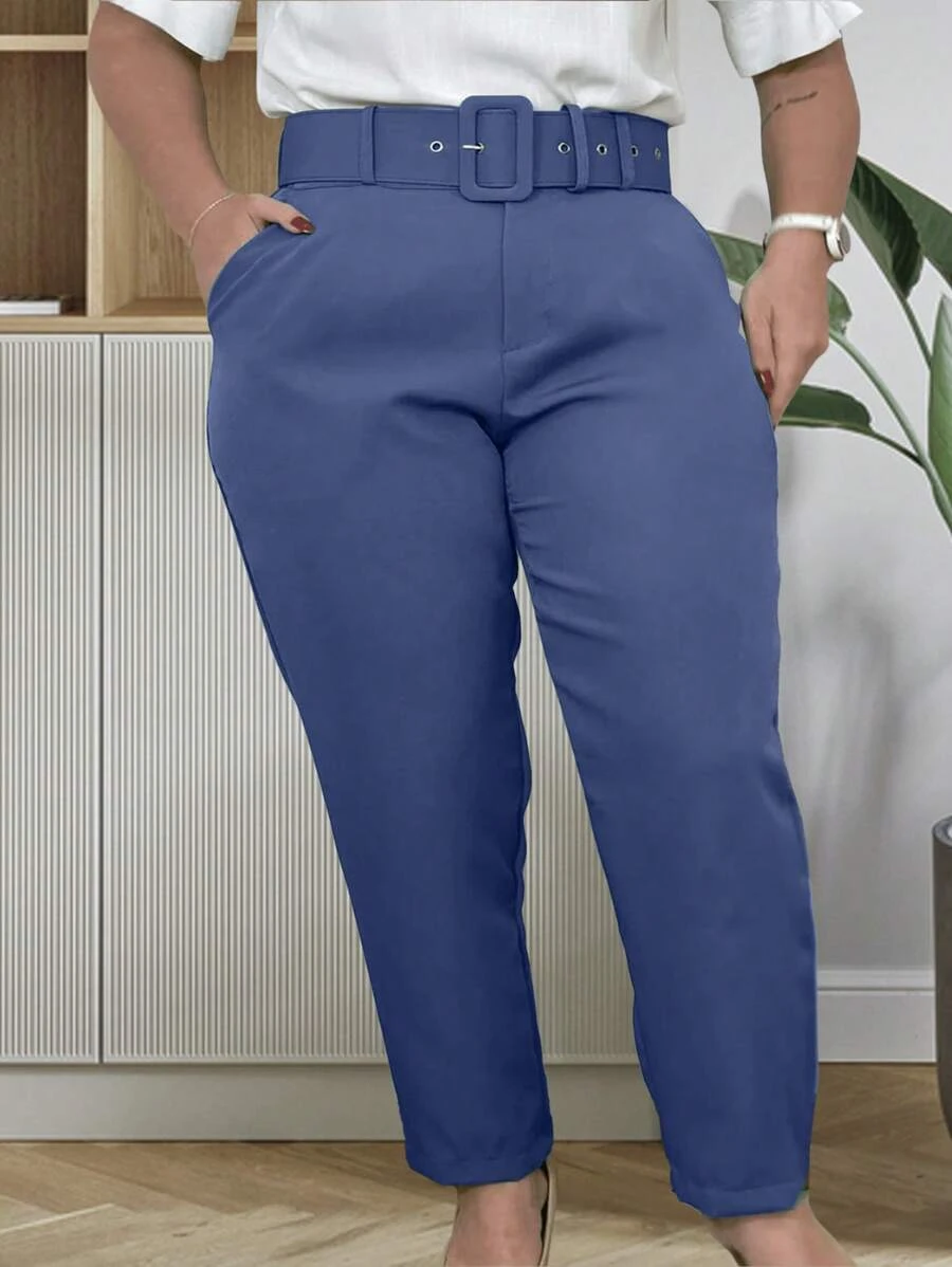 Plus Size Trousers Formal Cut Tailored With Belt Elegant Casual Women's Fashion - 藏蓝色 - 查看 1