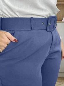 Plus Size Trousers Formal Cut Tailored With Belt Elegant Casual Women's Fashion - 藏蓝色 - 查看 6
