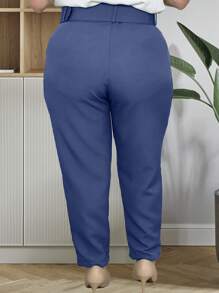 Plus Size Trousers Formal Cut Tailored With Belt Elegant Casual Women's Fashion - 藏蓝色 - 查看 5