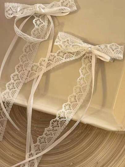 2 Ladies White Lace Bow Mesh Lace Hair Clips Suitable For Going Out And Dating Cute Valentine's Day,Hair Accessories,Hair Barrettes Claw Clips, School Stuff, Elegant, College, Bows