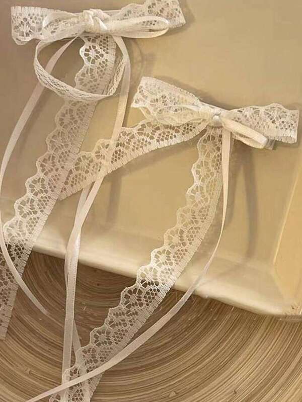 2 Ladies White Lace Bow Mesh Lace Hair Clips Suitable For Going Out And Dating Cute Valentine's Day,Hair Accessories,Hair Barrettes Claw Clips