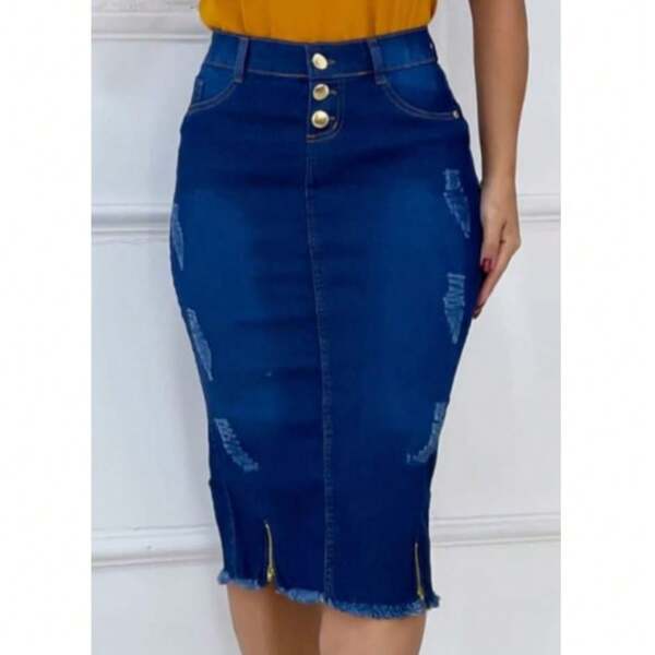 Saia Jeans Moda Evangélica Lindo Modelo longuete Barra Desfiada