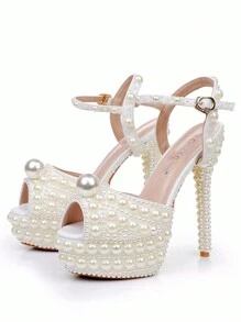 Giày sandal cao gót mũi tròn 14cm đính ngọc trai, gót nhọn, màu trắng ngà, sandal sang trọng lấp lánh dự tiệc cưới, sandal cao gót nhọn cỡ lớn dành cho nữ, sandal biểu diễn hở mũi thanh lịch. - Màu be - Xem 4