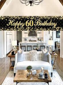 1pc 40*200cm Black Gold 60th Birthday Polyester Banner, Birthday Party Background Decoration Supplies Background Cloth Banner,Christmas