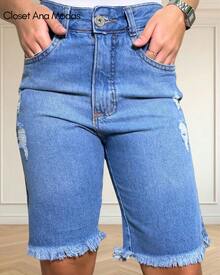 Women's Ripped Denim Shorts With Side Cut Detail - 中等水洗藍 - 查看 1
