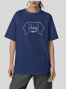 Blouse Oversized T-Shirt Fashion Print Dog Mom 100% Cotton - 藏蓝色 - 查看 2