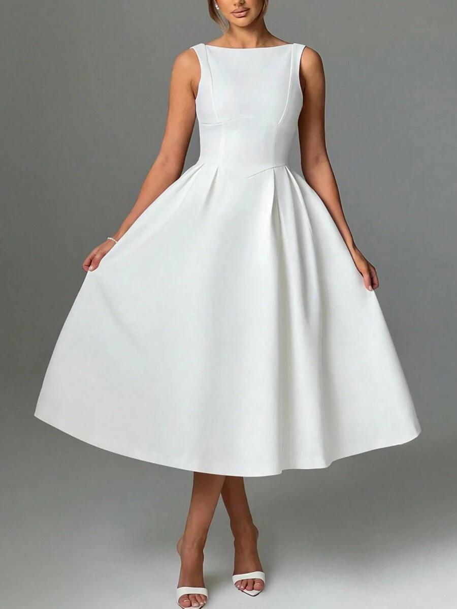 1 件女士圆领无袖长款优雅连衣裙 - 白色 - 查看 1