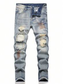 Teen Boy Fashionable Distressed Non-Stretch Denim Jeans - Baby Blue - View 1