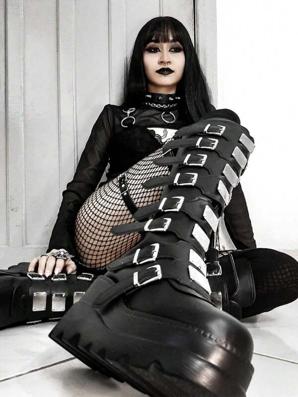 Gothic Women Combat Boots Chunky Wedges Heels Metal Buckle Zip Knee HIgh Punk Cosplay Holloween Shoes Woman