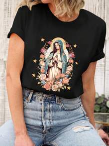 Women's T-Shirt With Virgin Mary Print - 黑色 - 查看 1