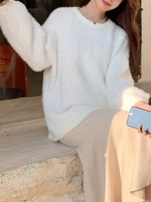 女式简约纯色圆领长袖针织套头衫 - 白色 - 查看 5