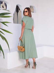 Viscose Twill Skirt And Blouse Set: Short-Sleeved Blouse With Boat Neckline, Flared Midi Skirt With Pockets And Front Slit - 薄荷綠 - 查看 3